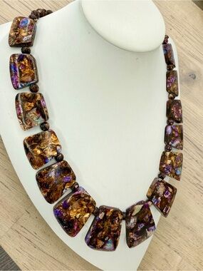 Statement Sea Sediment Jasper Trapezoid Collar Necklace Gold Clasp 18” Boutique